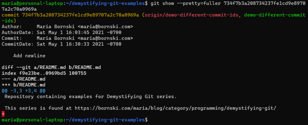 Screenshot of output for "git show --pretty=fuller 734f7b3a2" from https://github.com/mariabornski/demystifying-git-examples