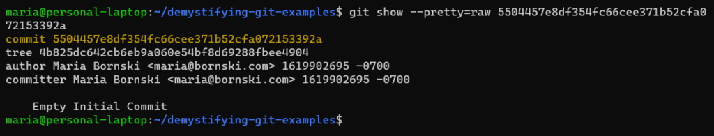 Screenshot of output from "git show --pretty=raw 5504457e8" from https://github.com/mariabornski/demystifying-git-examples