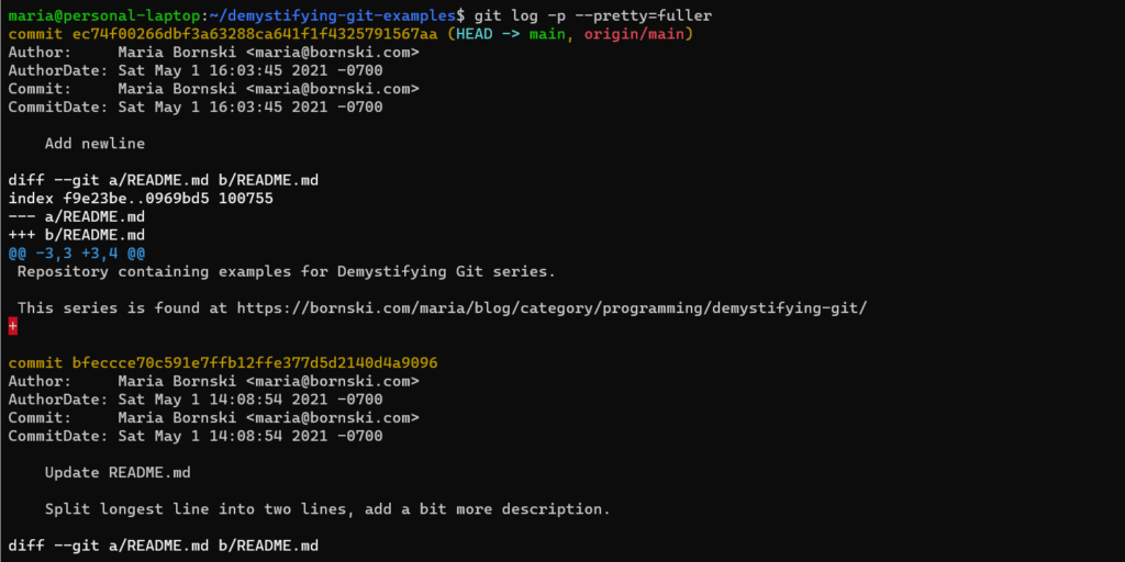 Screenshot of output for "git log -p --pretty=fuller" from https://github.com/mariabornski/demystifying-git-examples with ec74f00266db as the HEAD commit