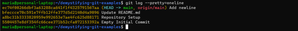 Screenshot of output for "git log --pretty=oneline" from https://github.com/mariabornski/demystifying-git-examples with ec74f00266db as the HEAD commit