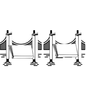 Clip art style image of a bridge with book spines overlaid on the bridge supports and roadway, so that the bridge appears to be made of books.